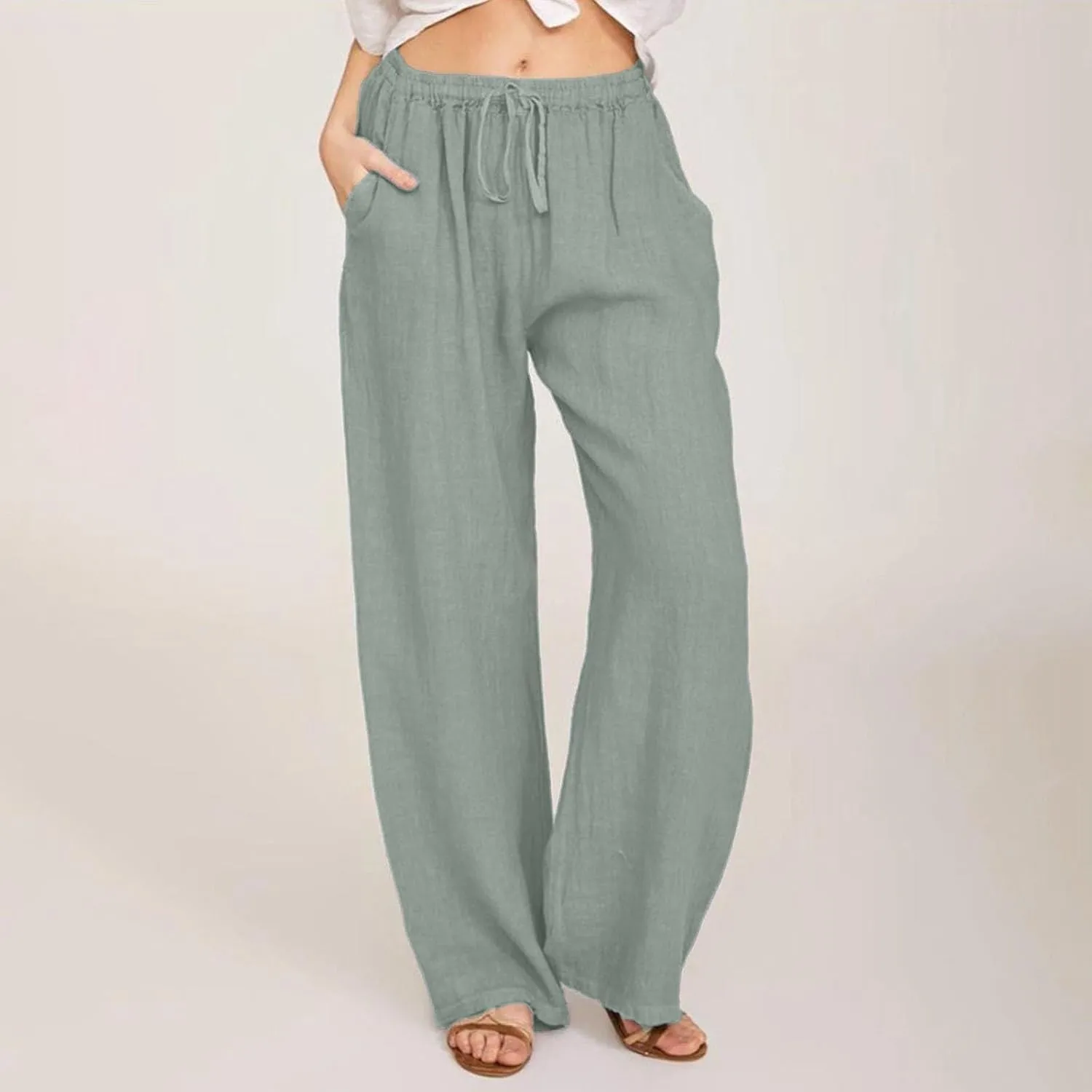 Womens Cotton Linen Palazzo Pants Plus Size Drawstring Elastic Waist Casual Wide Leg Trousers Palazzo Beach Pants