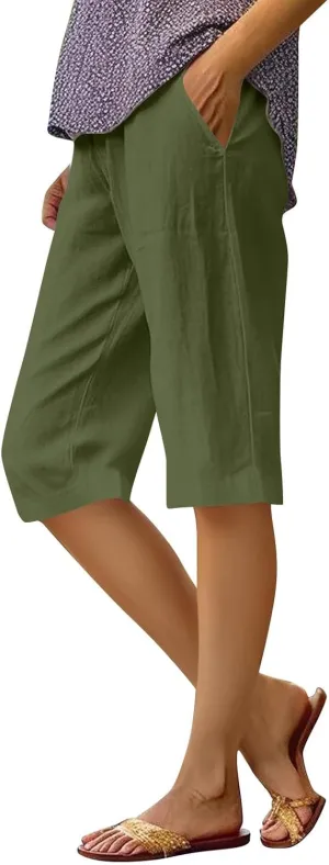 Womens Linen Tapered Capri Pants Plus Size Solid Color Cotton Linen Casual Summer 2025 Straight Leg Cropped Trouser