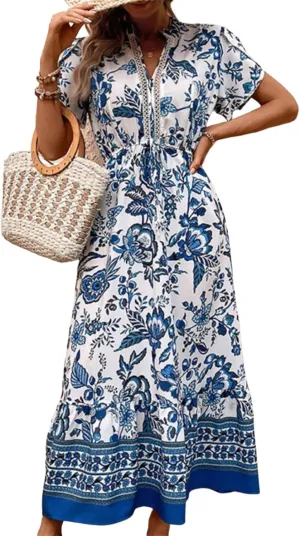 Women's Paisley Print Blue Maxi Dress 2025 Summer Casual Boho V-Neck Short Sleeve Flowy A-Line Beach Vacation Dresses