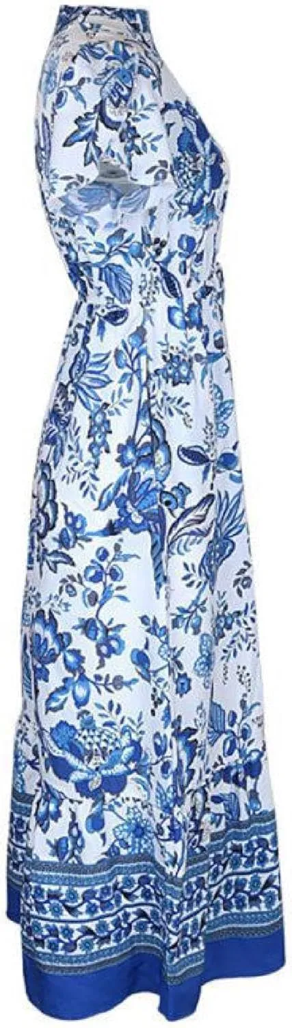 Women's Paisley Print Blue Maxi Dress 2025 Summer Casual Boho V-Neck Short Sleeve Flowy A-Line Beach Vacation Dresses