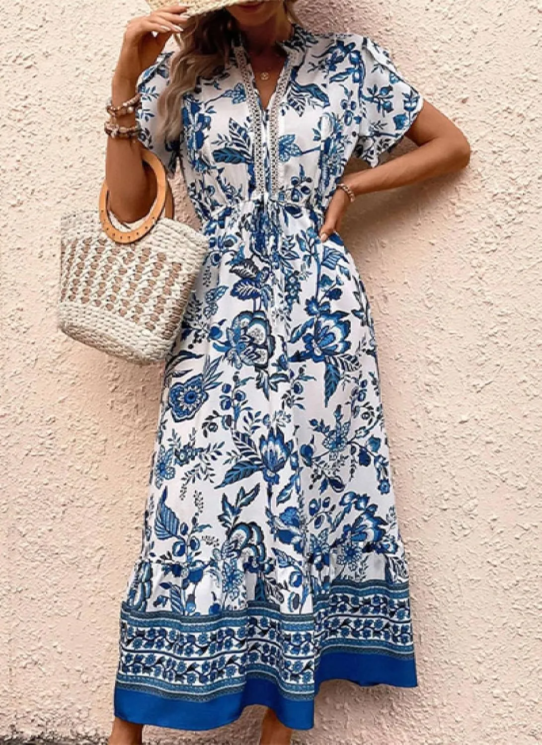 Women's Paisley Print Blue Maxi Dress 2025 Summer Casual Boho V-Neck Short Sleeve Flowy A-Line Beach Vacation Dresses