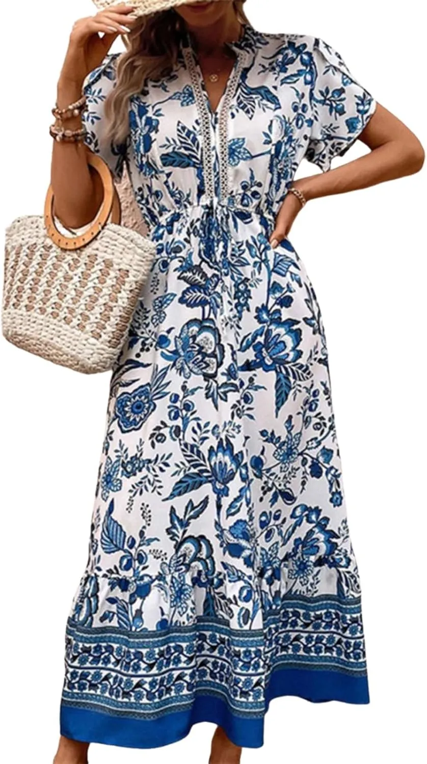 Women's Paisley Print Blue Maxi Dress 2025 Summer Casual Boho V-Neck Short Sleeve Flowy A-Line Beach Vacation Dresses
