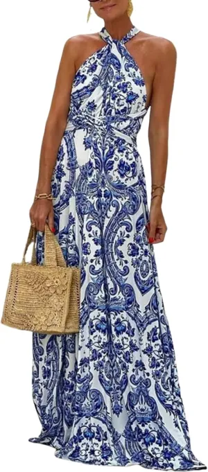 Women's Paisley Print Maxi Dresses 2025 Summer Elegant Halter Neck Sleeveless Backless Flowy A Line Boho Long Dress
