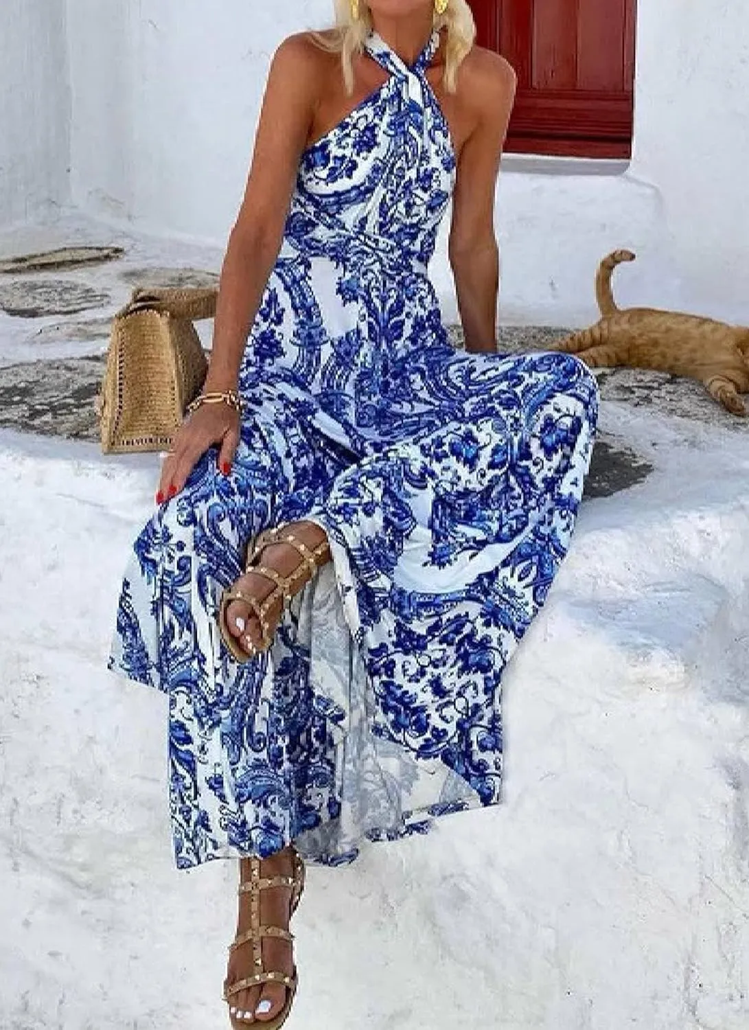 Women's Paisley Print Maxi Dresses 2025 Summer Elegant Halter Neck Sleeveless Backless Flowy A Line Boho Long Dress