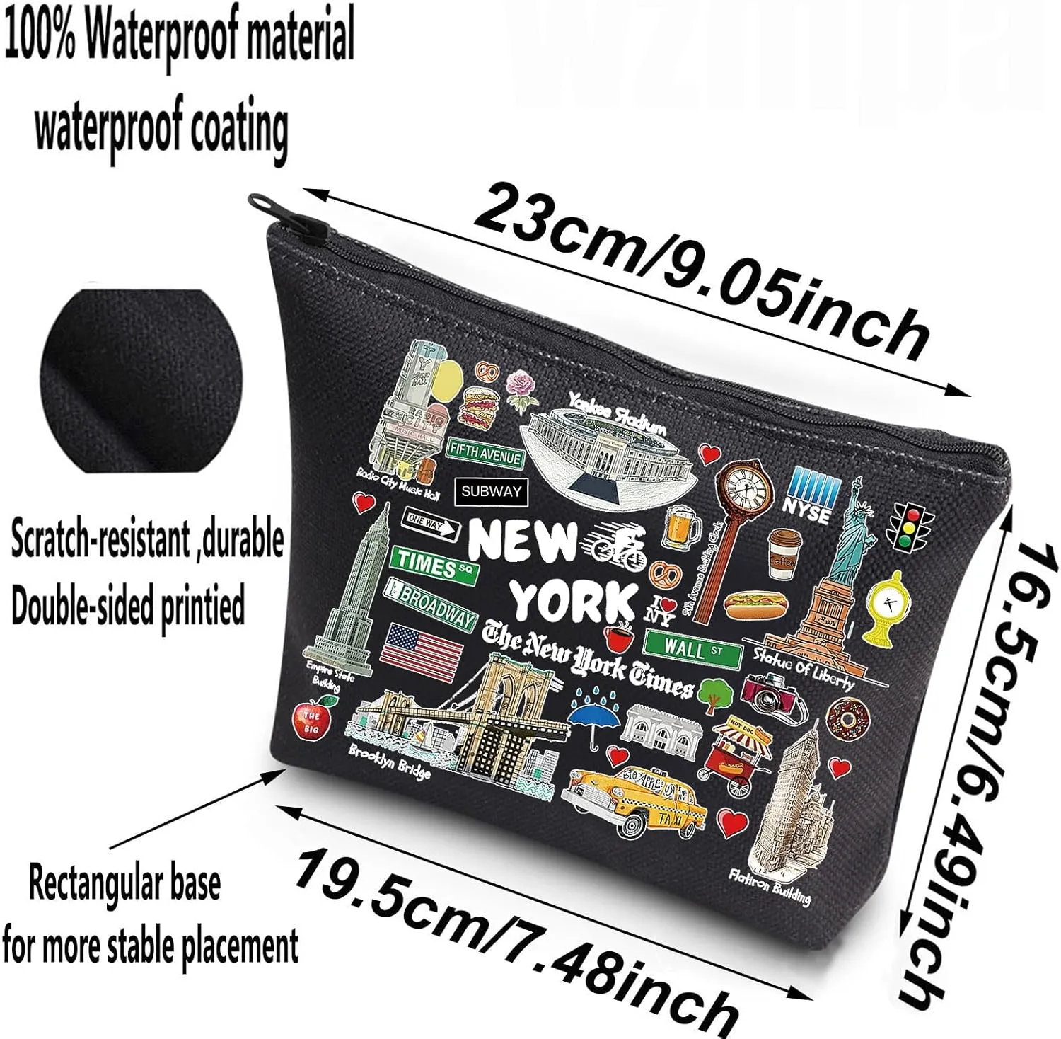 WZMPA New York Cosmetic Bag - Souvenir Gift, Vacation Makeup Pouch, Zipper, Merchandise (New York-BL)