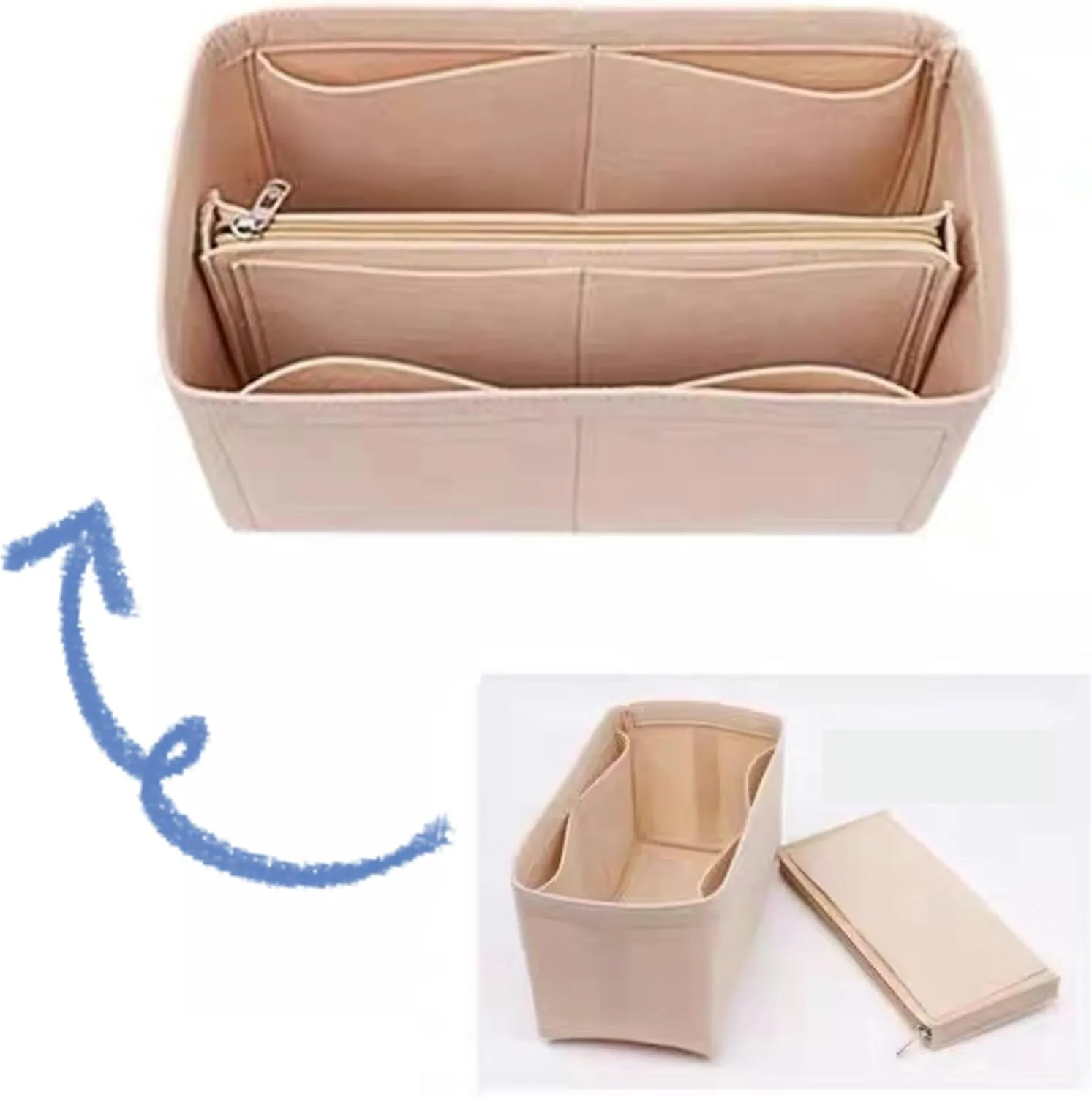 Xoppia Bag Organizer compatible with Tods T Timeless Shopping Bag Mini. Felt Insert Liner for Women Handbag. (Beige, Style B)